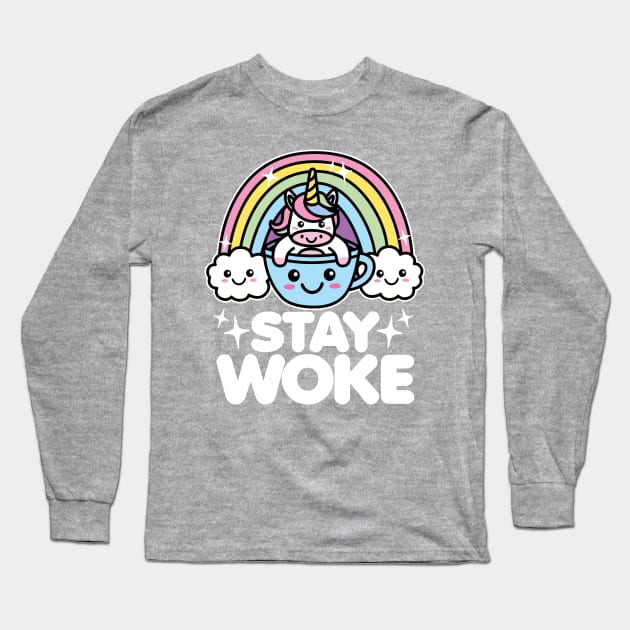 Stay Woke Kawaii Unicorn in Coffee Cup Long Sleeve T-Shirt by DetourShirts